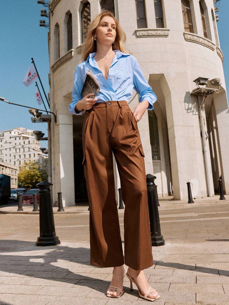 Solid Color Casual Straight Leg Pants With Pockets