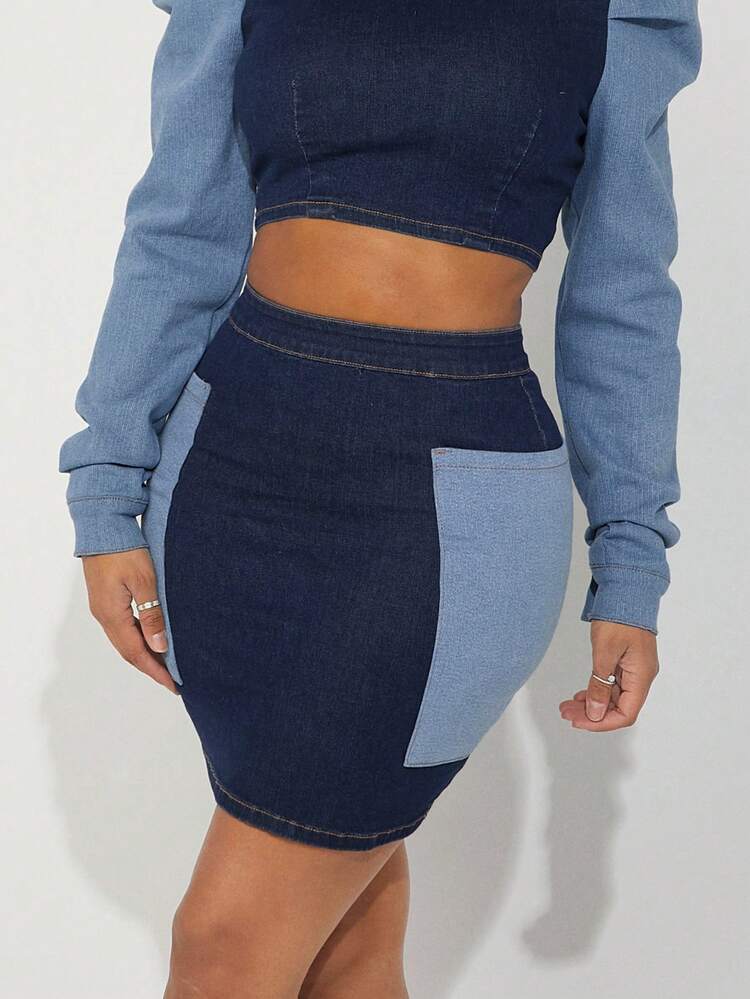 Colorblock Patch Pocket Bodycon Mini Denim Skirt