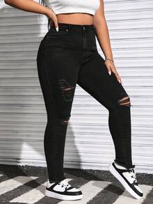 SHEIN EZwear 大尺碼純色破洞牛仔褲 - 黑色 - 查看 4
