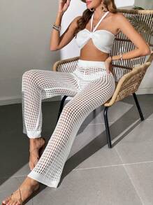 Breezaya Women's Crop Top Backless Halter Knitted Sweater And See-Through Knitted Pants Set