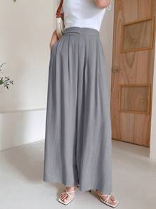 DAZY Quần ống rộng màu trơn vải lanh - Xám - Xem 4