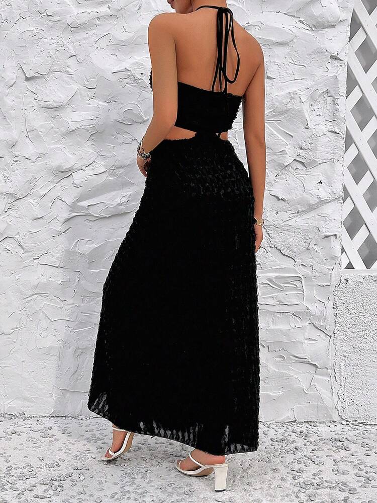 Solid Color Textured Hollow Out Halter Neck Dress