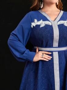 Al Najma Plus Size Women's Patchwork Weaved Ribbon Lantern Sleeve Arabic Clothing Kaftan Jalabiya Dress - Blue - View 3