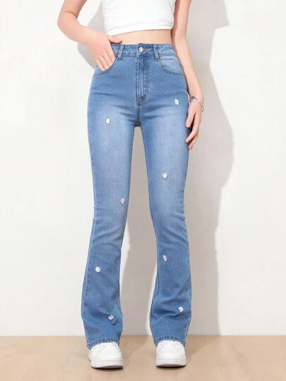 Jeans acampanados casuales para adolescentes con bordado y elástico lavado