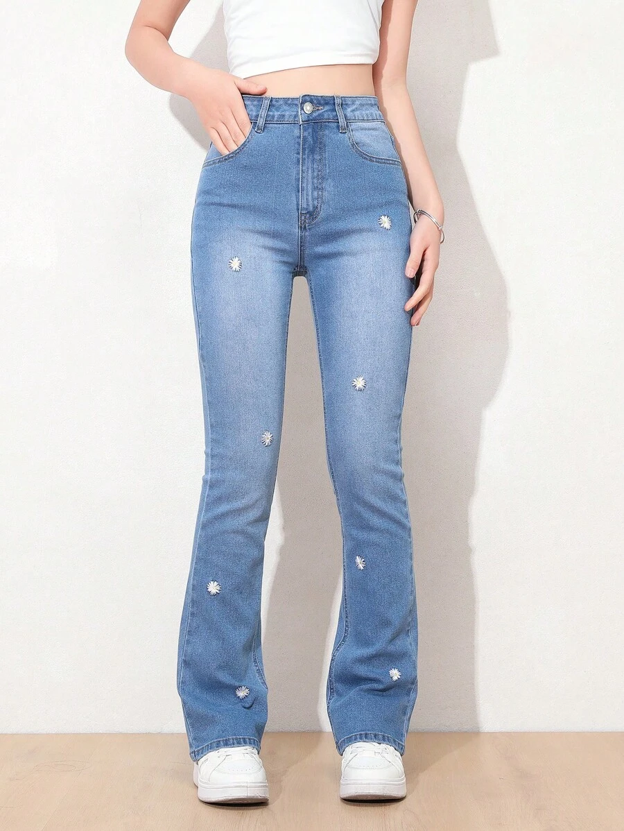 SHEIN Teen Girls' Embroidered Stretchy Flared Jeans - Medium Wash - View 1