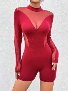 SHEIN PETITE Áo lưới dài tay có cổ đứng dành cho nữ - Màu Đỏ Sâu - Xem 3