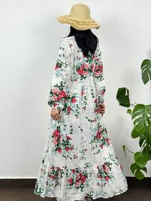 Fashion Female Printed Floral Full Sleeve Crew Neck Casual Chiffon Dress Women Long Dresses