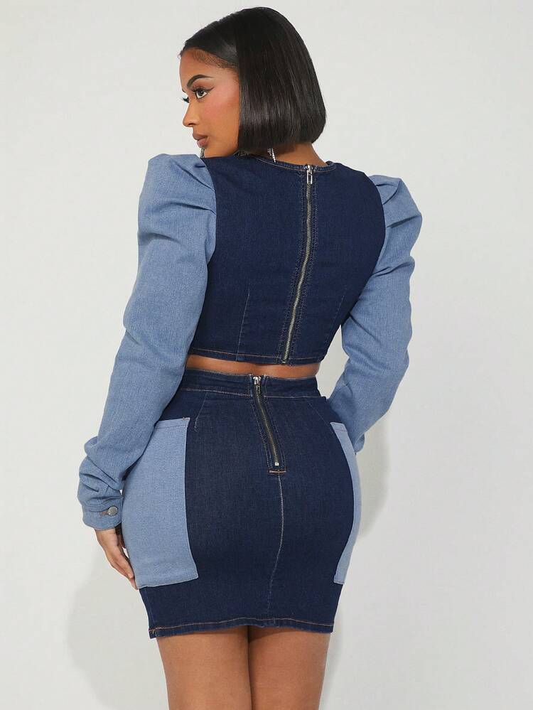 Colorblock Patch Pocket Bodycon Mini Denim Skirt
