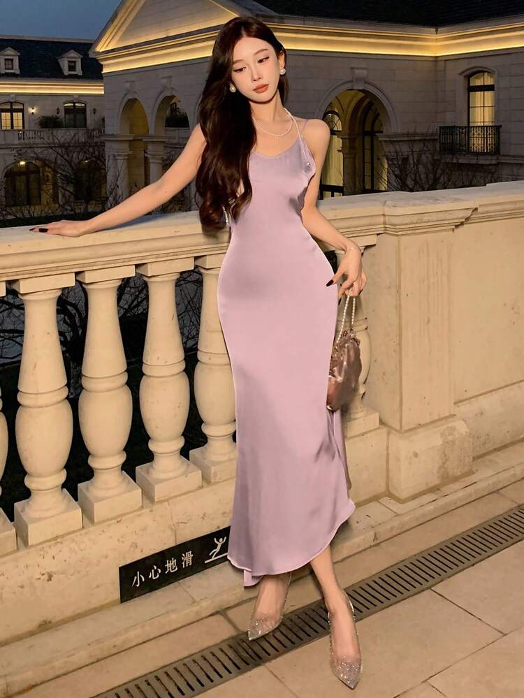 Ladies' Satin Spaghetti Strap Dress, Birthday Prom Dress Sundress,Formal Women Dresses Elegant Women Dresses Maxi Dress