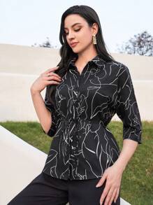 Seusyu Chemise Pour Femmes Imprimée Avec Motif Complet Et Ceinture - Noir - Voir 6