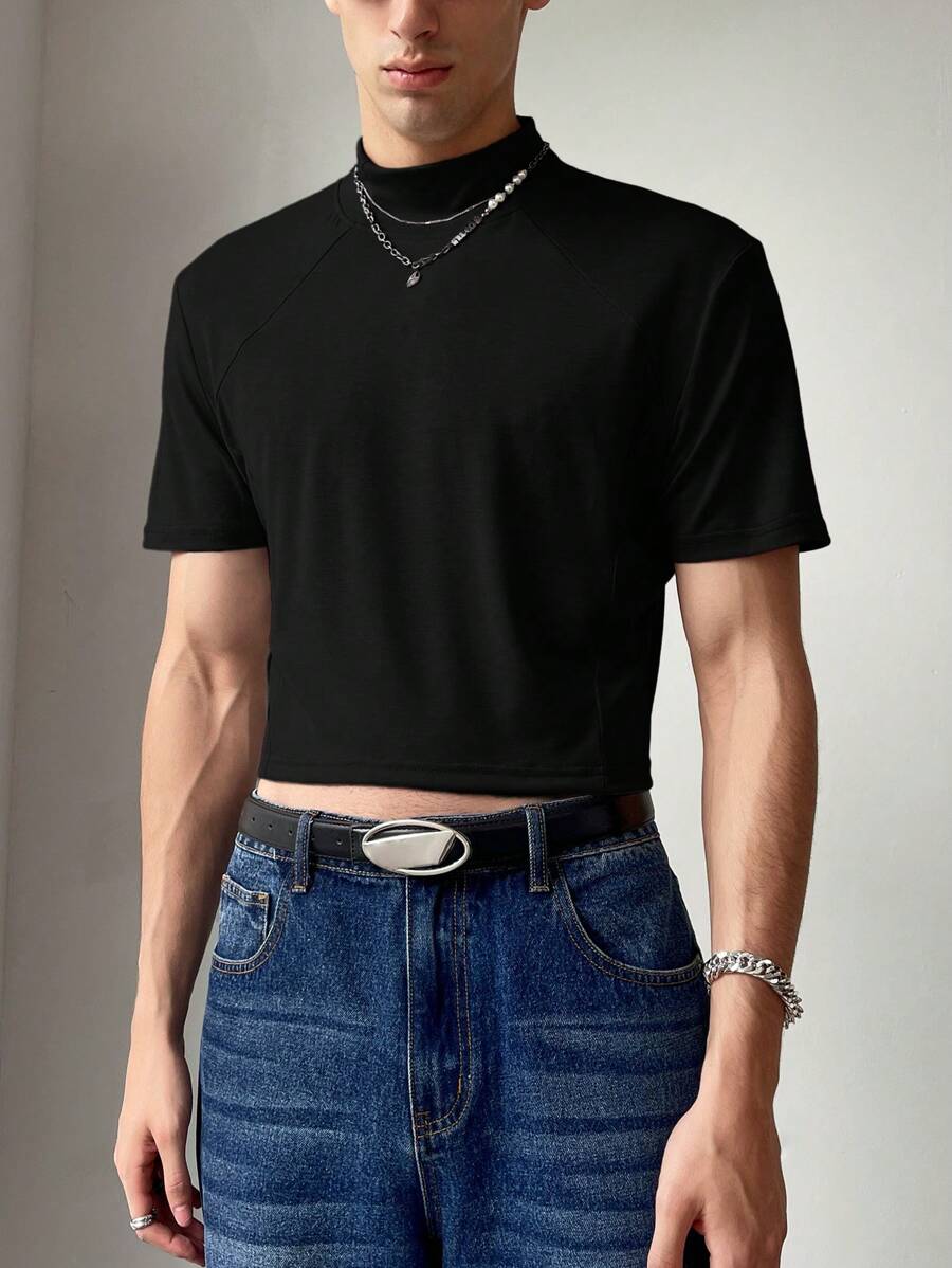 Manfinity Fever City Áo thun nam tay ngắn cổ đứng màu trơn, mùa thu - màu đen - Xem 1