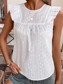 SHEIN Frenchy Blusa de manga corta con cuello redondo y mangas de mariposa para mujer, con ojales y en color blanco. Esencial de verano, ideal para vacaciones, temporada de bodas y estilo Cottagecore.