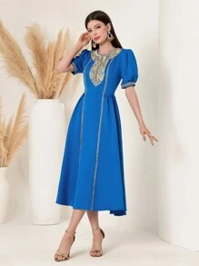 Round Neck Floral Lace Embroidery Dress - Blue - View 5