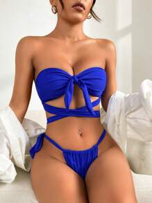 SHEIN Swim 纯色交叉抹胸分体比基尼套装夏季海滩 - 寶藍色 - 查看 4