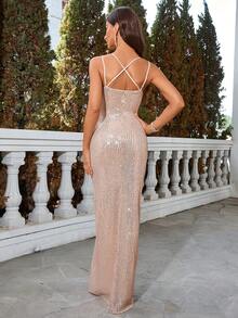 Sparkly Glitter Evening Party Cami Dress With Pleated Bust And High Slit - Champagne - View 2