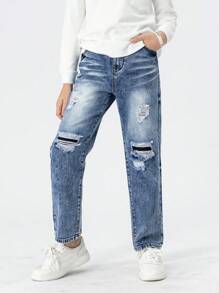 Jeans Para Adolescentes, Diseño Informal De Parches Con Estilo Desgastado, Pantalones Rectos Lavados De Moda Y Juveniles - Azul lavado oscuro - Ver 6