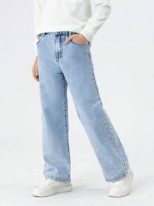 SHEIN Tween Boy New Casual & Fashionable Light Blue Washed Straight Jeans Chic Outfits For Autumn/Winter