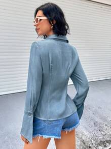 GENKIRA Ladies' Denim Effect Long Sleeve Shirt - Baby Blue - View 2