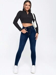 SHEIN Essnce 女式緊身牛仔褲 - 深色水洗藍 - 查看 4