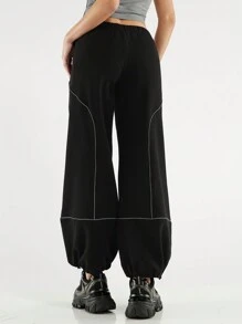 Forever 21 Women's Loose Fit Casual Sweatpants With Contrast Color Rolled Edge Decoration - Black - View 2