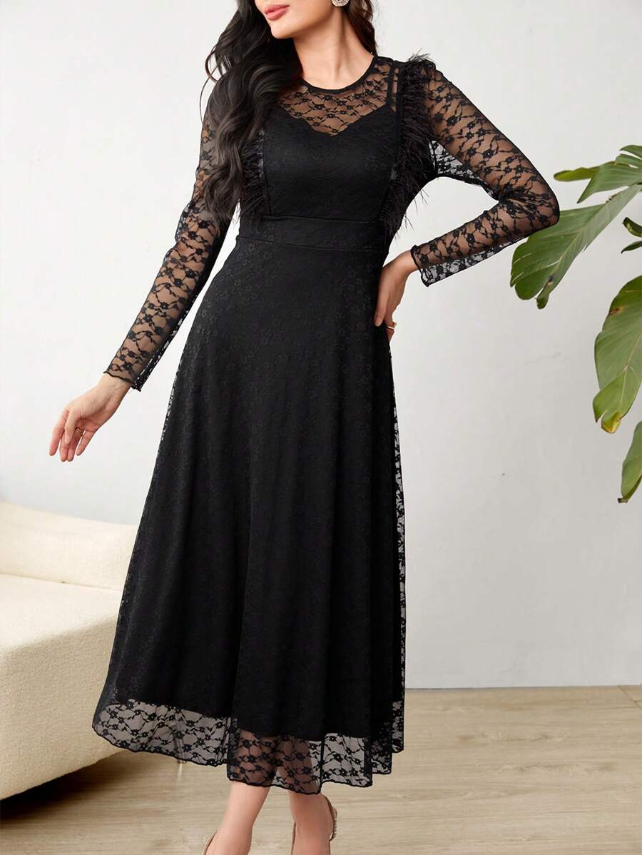 Modelyn Women's Lace Patchwork Furry Dress Long Evening Dresses Fall Cloth For Women - Black - View 1