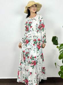 Fashion Female Printed Floral Full Sleeve Crew Neck Casual Chiffon Dress Women Long Dresses