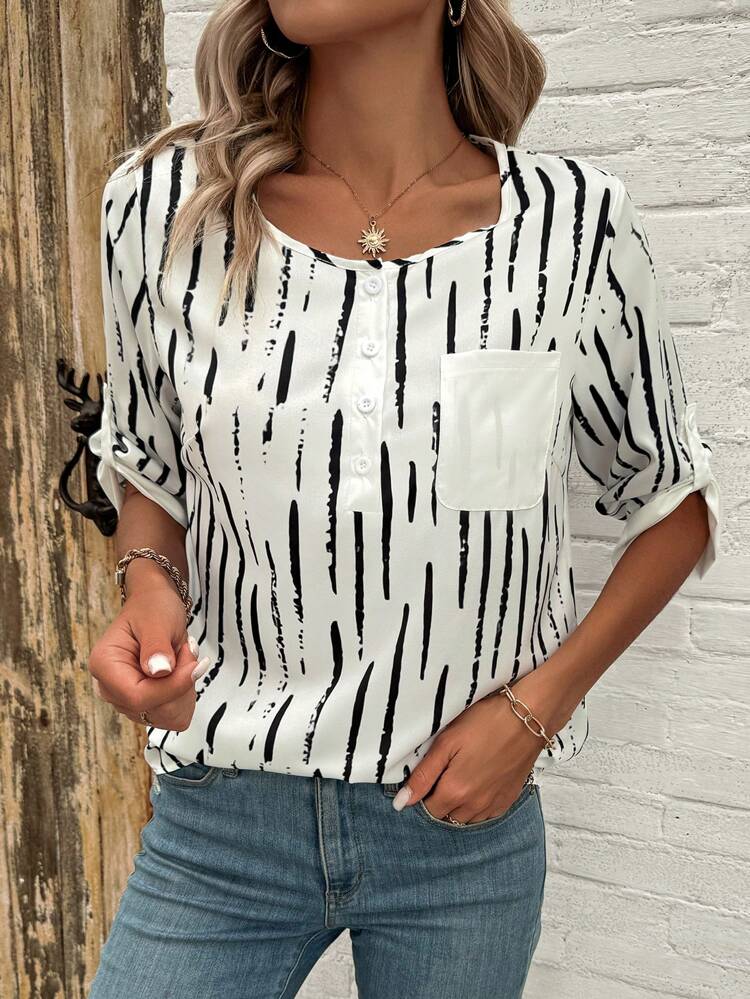 Striped Pattern Printed Button Half Placket Pocket Shirt