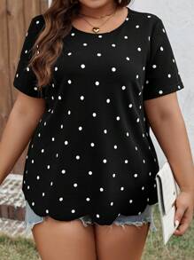 SHEIN LUNE Polka Dots Pattern T-Shirt For Plus Size, For Summer - Black and White - View 4