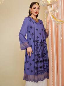 Divindia Patched Lace Cuff Botanic Printed Long Sleeve Kurtas Top - Purple - View 7