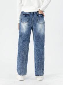 Jeans Para Adolescentes, Diseño Informal De Parches Con Estilo Desgastado, Pantalones Rectos Lavados De Moda Y Juveniles - Azul lavado oscuro - Ver 2