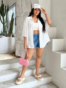 SHEIN EZwear Plus Size Women's Textured Drop Shoulder T-Shirt - White - View 3