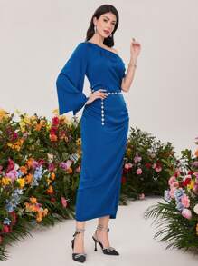 Modelyn 纯色圆领修身百褶连衣裙长款晚礼服 - 藍色 - 查看 5