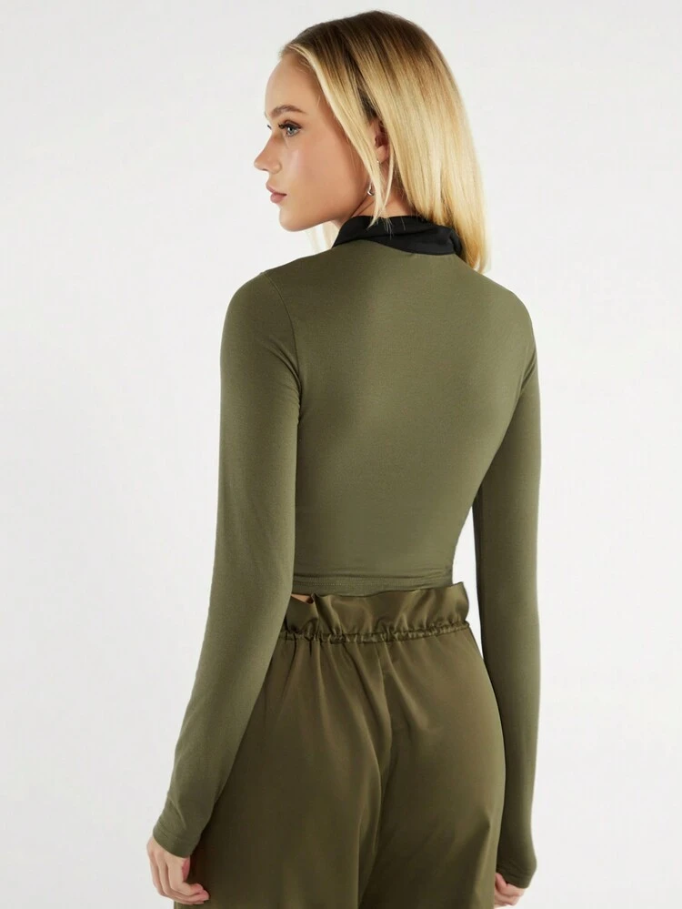 Women's Casual Street Style Color-Block Turn-Down Collar Letter Print T-Shirt