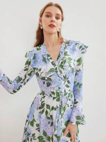 MOTF PREMIUM Vestido Con Diseño Completo De Estampado Con Cuello Notch, Manga Acampanada Con Volantes Y Detalles - Azul - Ver 6