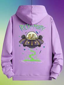 ROMWE MEN Rick and Morty | ROMWE Men Cartoon & Letter Graphic Pocket Drawstring Hoodie, School , Fall - Lilac Purple - View 1