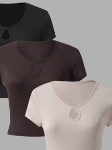 INAWLY T-shirt A Coste Con Colletto A Serratura In Tinta Unita - Multicolore - Visualizzare 3