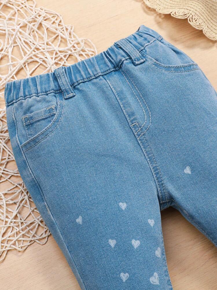 Baby Girl Heart Printing Flared Jeans With Stretchy Waist