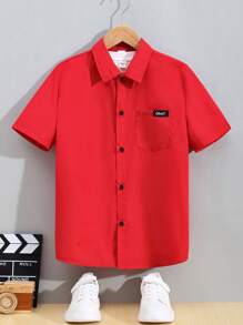 SHEIN 兒童休閒街頭風格貼布設計短袖針織鈕扣恤衫 - 紅色 - 查看 7