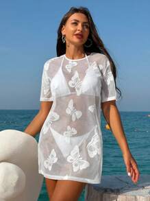 Swim Vcay Abito Copri-costume A Rete E Trasparente Con Maniche Corte Jacquard A Farfalla