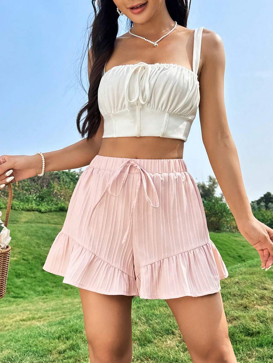 SHEIN Unity Ladies' Solid Color Ruffle Hem Shorts - Apricot - View 1