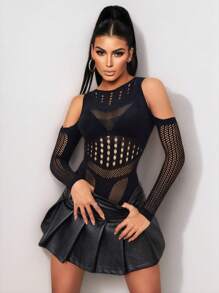 VaVaBold Fashion Open Shoulder Bodysuit With Mesh Detailing Fall Cloth For Women - Black - View 3