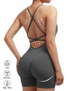 SHEIN Sports Seamless, High Stretch, Cross Back Design, Bodycon Athletic Romper - Dark Grey - View 1