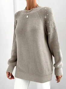 EURMUSE Women's Round Neck Raglan Long Sleeve Sweater - Apricot - View 5