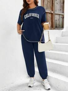 Mulvari 加大码字母图案缝纫细节短袖 T 恤和裤子套装 2 件套 - 藏蓝色 - 查看 4