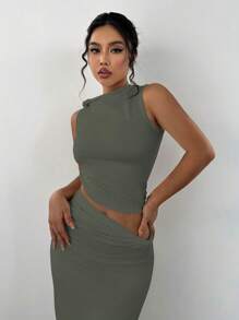 Flirla Conjunto de 2 piezas de unicolor con ajuste ceñido y diseño retorcido - Verde militar - Ver 4