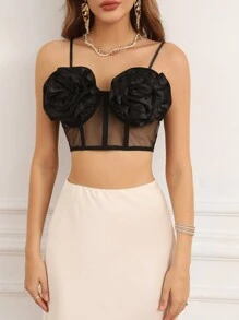 Aveloria Mesh Contrast 3d Flower Camisole Top - Black - View 7