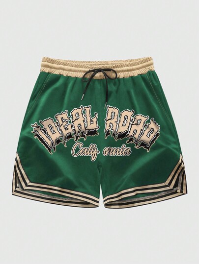 Street Life Men's Letter Graphic Striped Trim Drawstring Waist Basketball Shorts, School