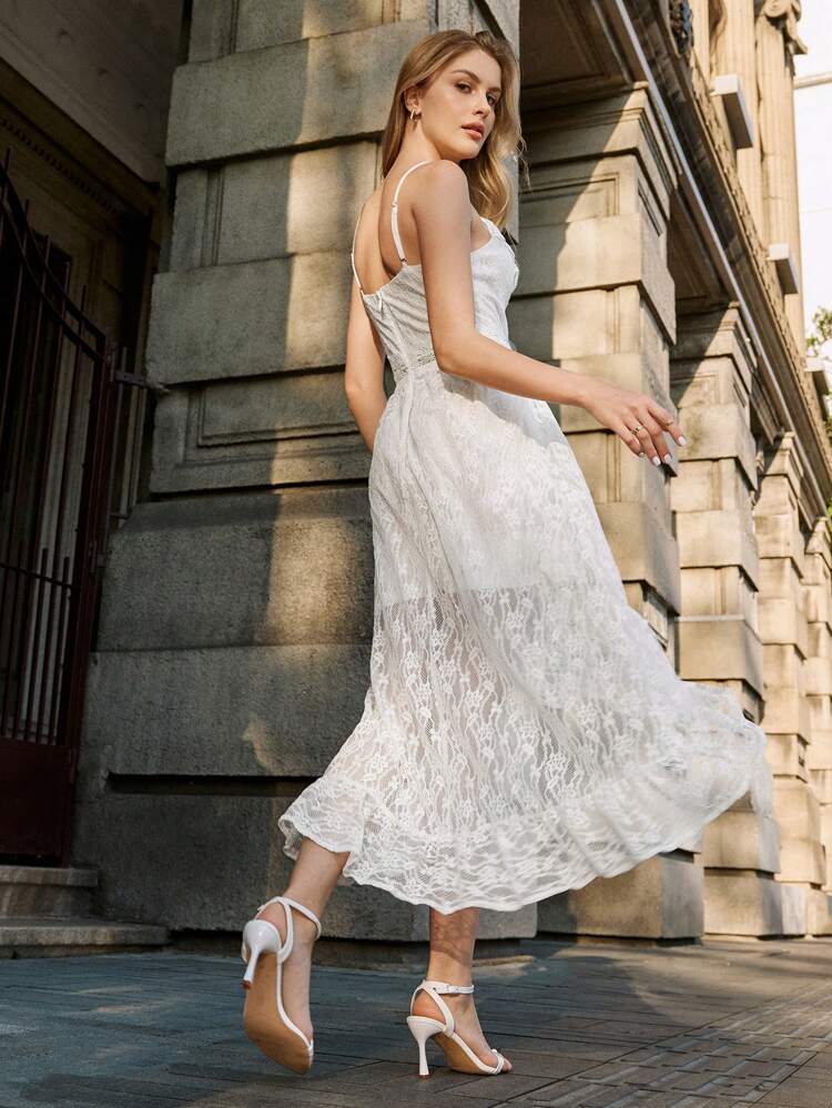 Solid Color Spliced Lace Cami Dress With Ruffle Trim And Decorative Border