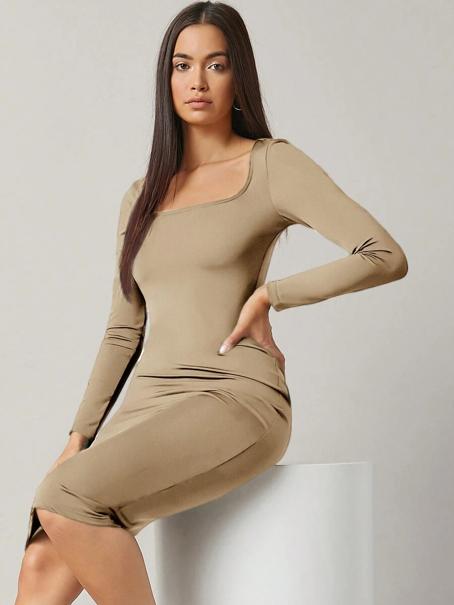 RueChic Solid Color Slim Fit Long Sleeve Dress - Apricot - View 1