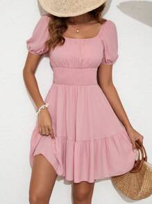 SHEIN VCAY 女款泡泡短袖交叉門襟拼接荷葉邊下擺洋裝 - 粉色 - 查看 1